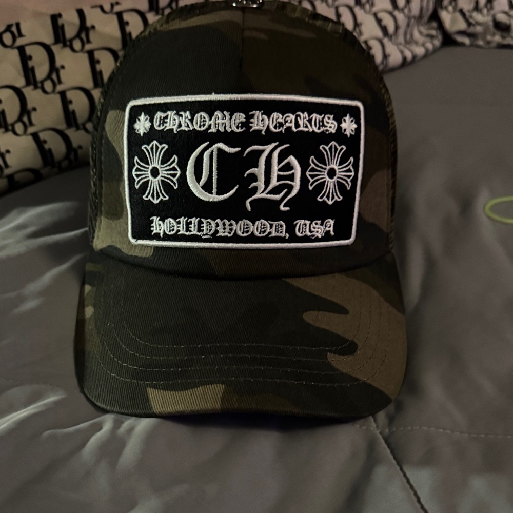 Chrome Hearts Black & Olive Camo CH Patch Trucker Cap. Read
